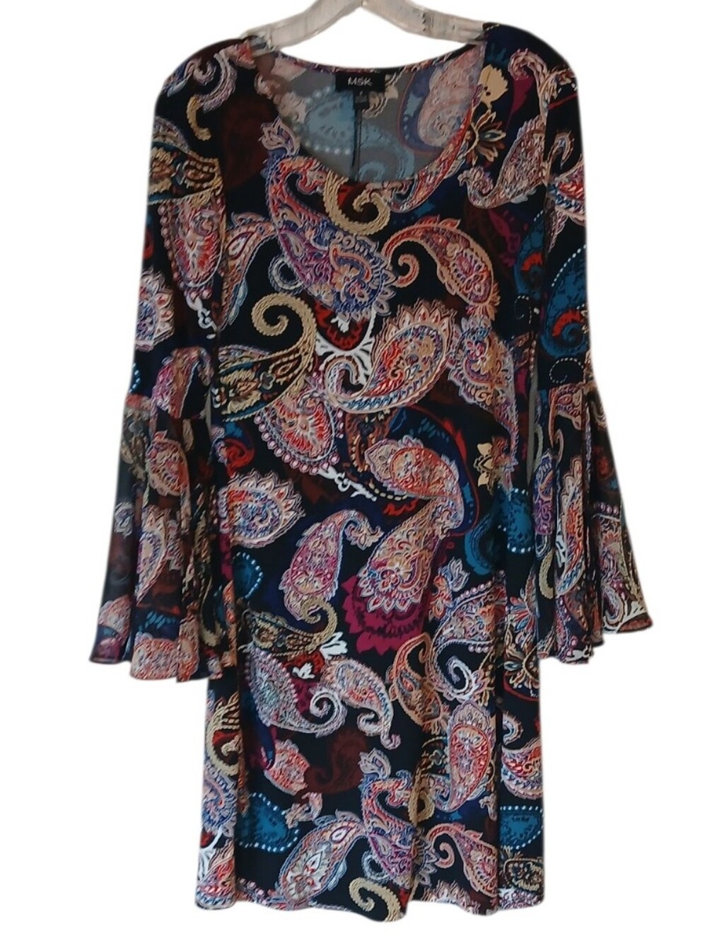 MSK Bohemian Paisley Print Dress With Bell Sleeves Size Small